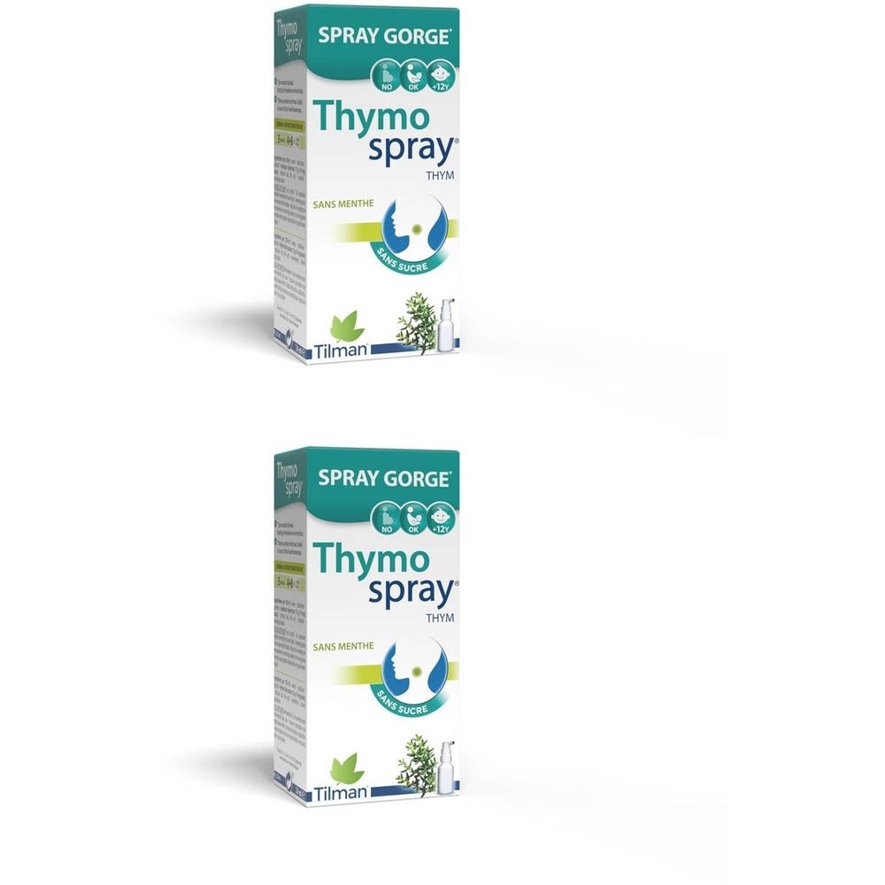 Emballage en carton avec le nom du produit Thymospray, texte vert et illustrations.