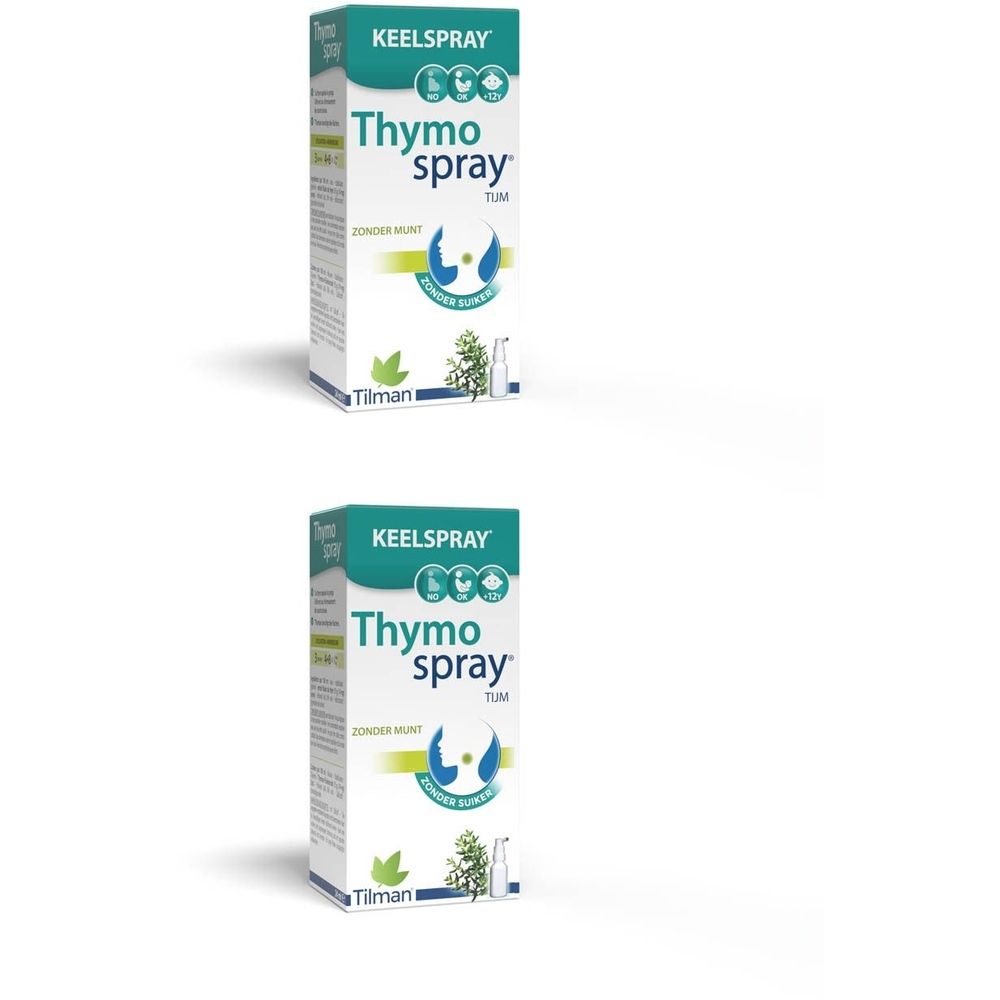 Kartonnen verpakking met productnaam Thymospray, groene tekst en illustraties.