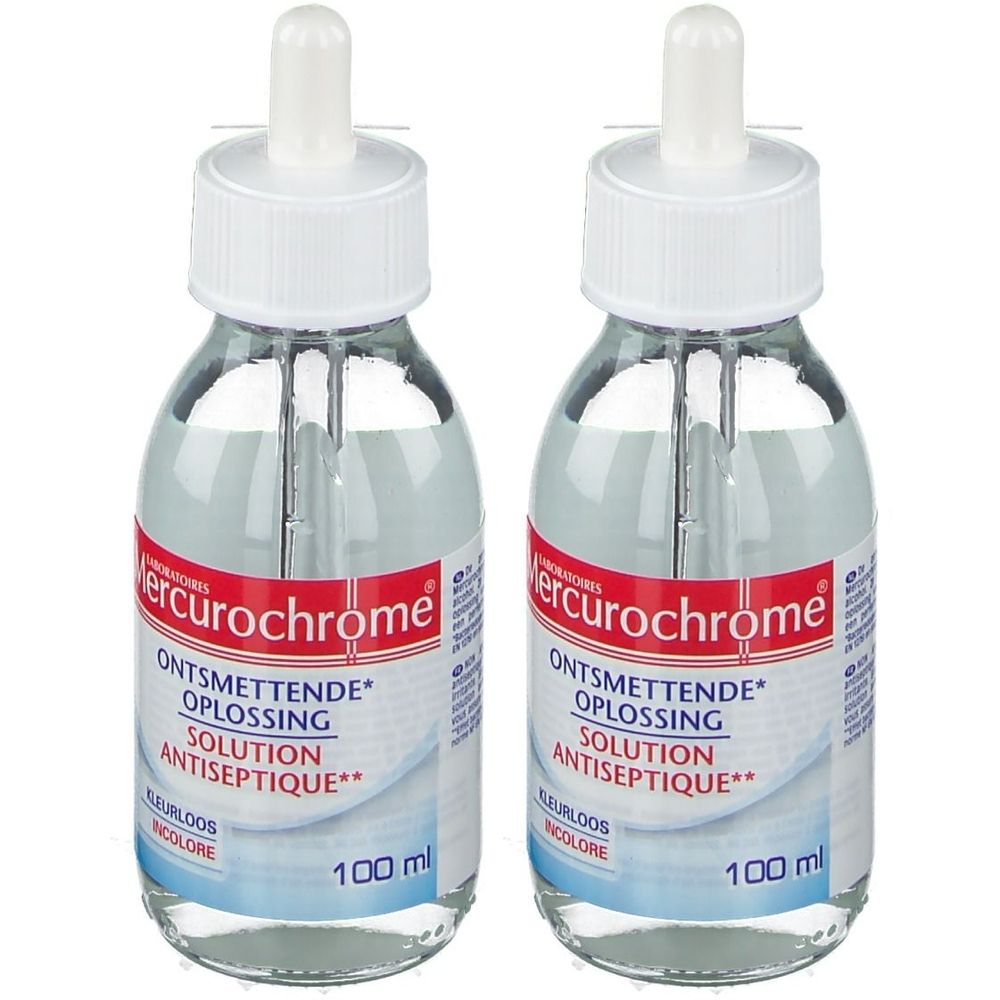 Deux flacons de solution Mercurochrome avec compte-gouttes. Inscription : ONTSMETTENDE OPLOSSING SOLUTION ANTISEPTIQUE. 100 ml.