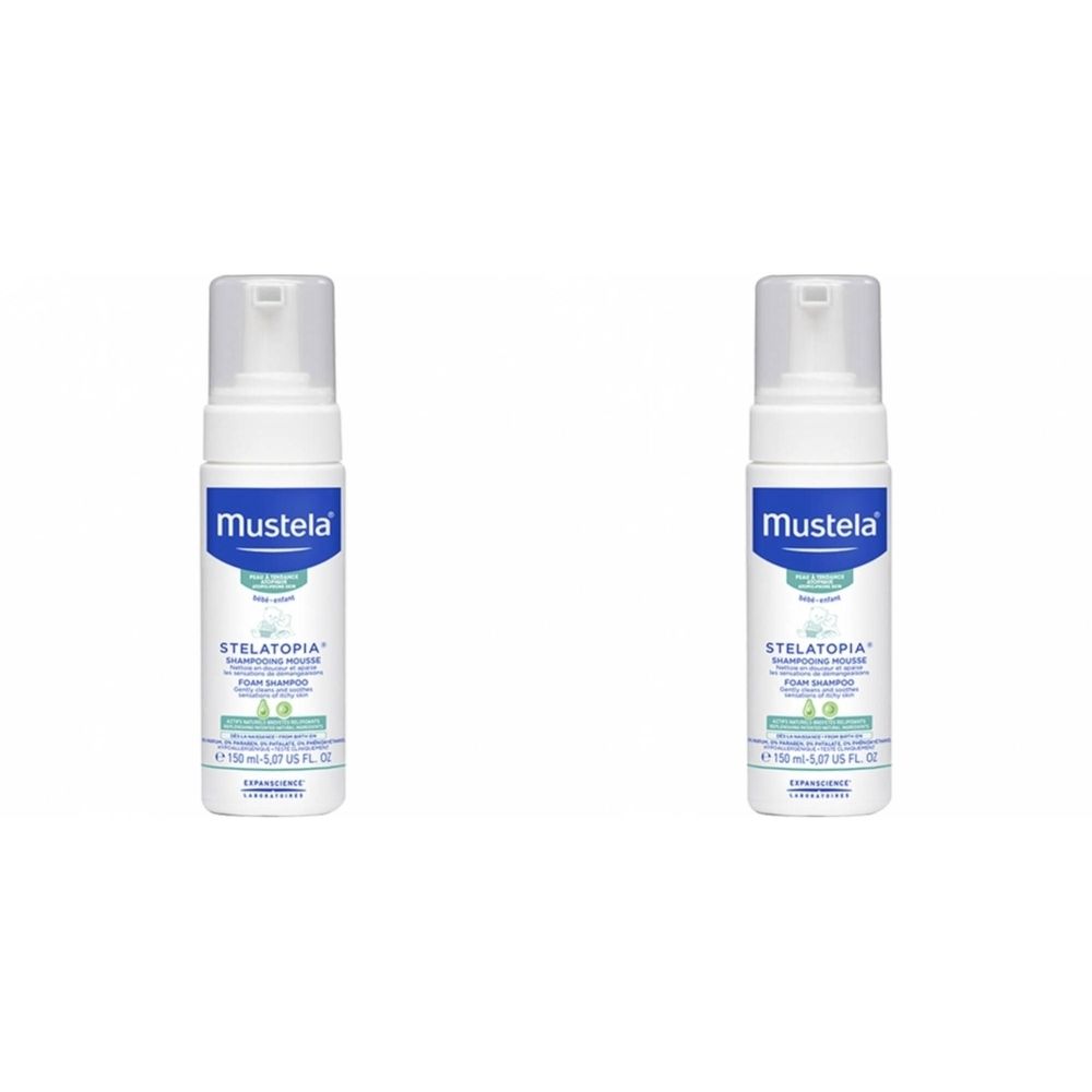 Deux flacons blancs avec pompe. Inscription Mustela, STELATOPIA, Shampooing Mousse. 150 ml.