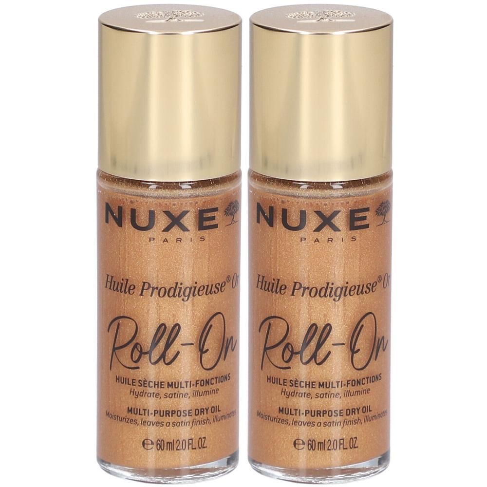 Twee roll-on flacons. Goudkleurige olie, gouden dop. Opschrift: NUXE, Huile Prodigieuse Roll-On.