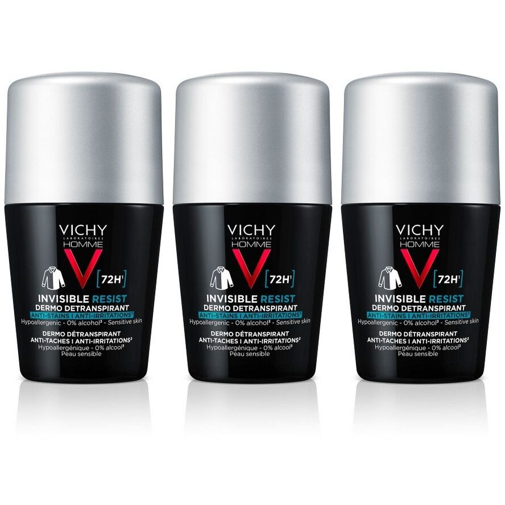 Trois déodorants roll-on. Flacons noirs avec bouchons argentés. Inscription: VICHY HOMME, INVISIBLE RESIST, 72H, Dermo Détranspirant.