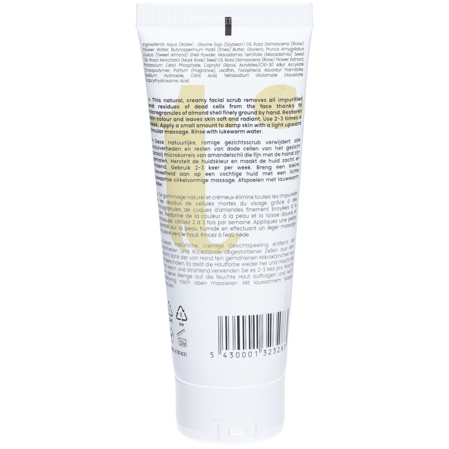 Dos d'un tube de gommage visage Tinge. Contient les ingrédients et les instructions d'utilisation. Blanc.