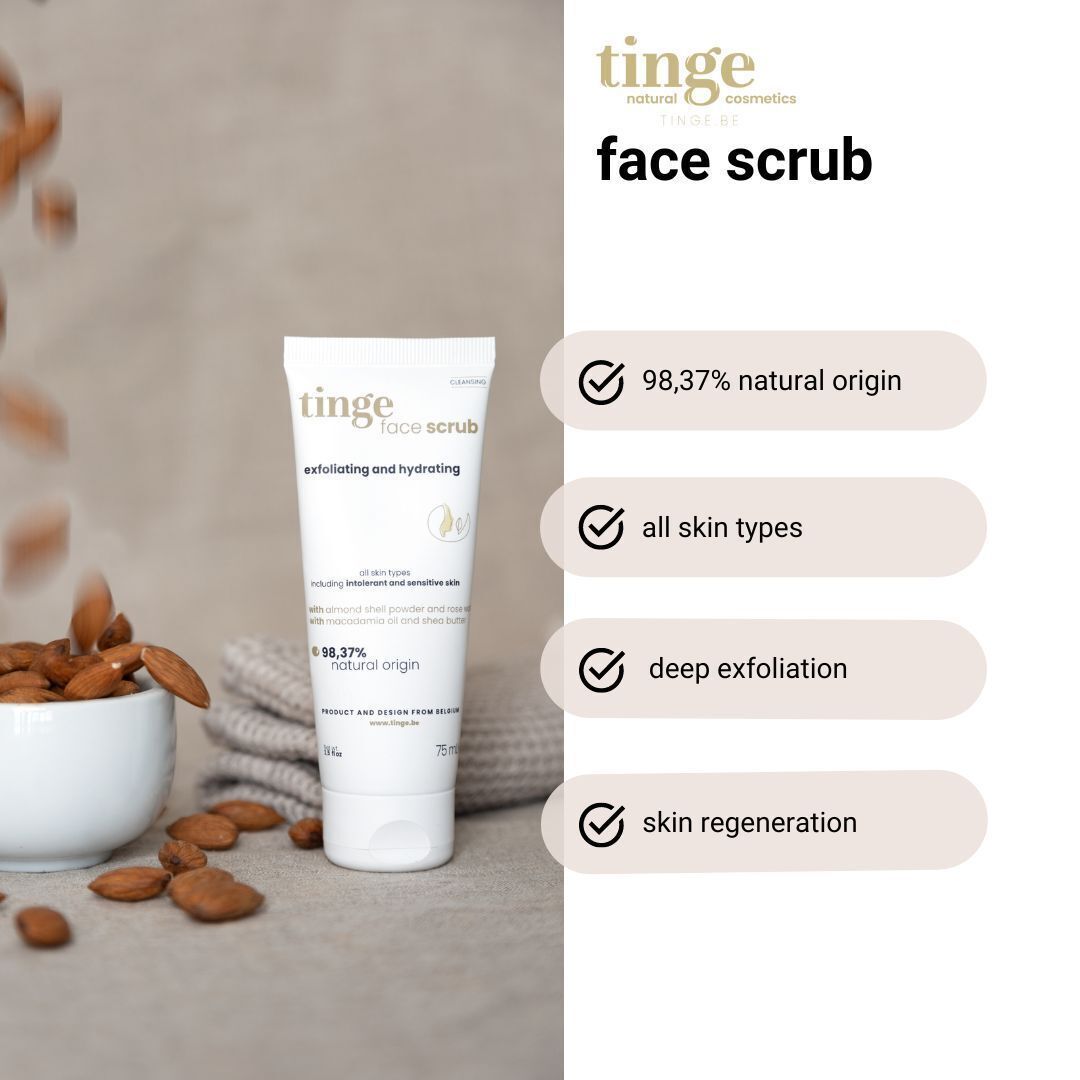 Tube de gommage visage Tinge et texte. Texte : 98,37% d'origine naturelle, pour tous types de peau, exfoliation profonde.