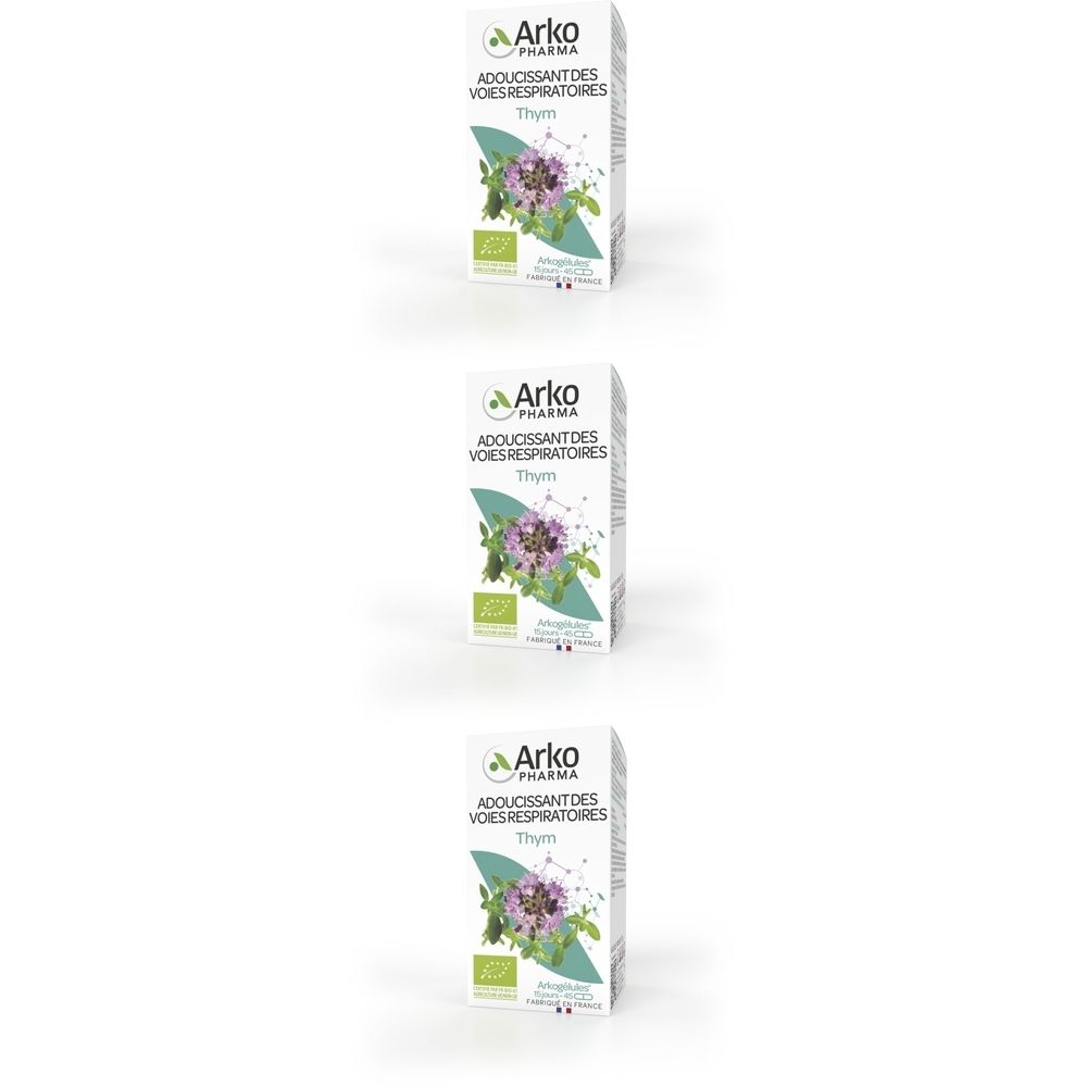 Trois boîtes Arkogélules Thym Bio. Emballage blanc avec logo, nom du produit et illustration de fleurs de thym.