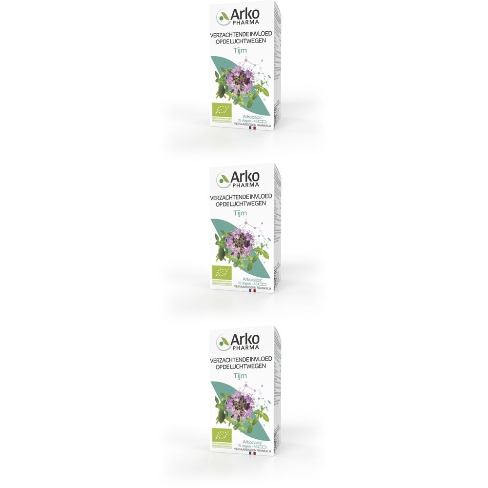 Drie dozen Arkogélules Thym Bio. Witte verpakking met logo, productnaam en illustratie van tijmbloemen.
