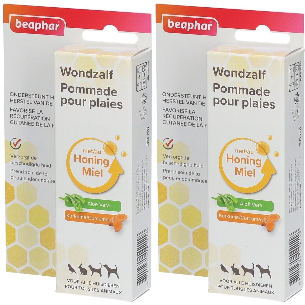 Deux boîtes de pommade Beaphar pour plaies. Inscription : Wondzalf Pommade pour plaies. Avec Honing Miel, Aloe Vera et Curcuma.