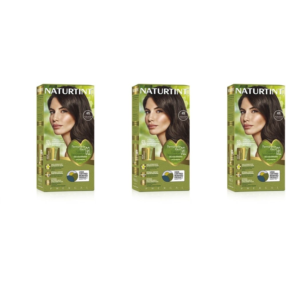 Trois boîtes de Naturtint Coloration Permanente Châtain Naturel 4N. Chaque boîte présente une femme aux cheveux bruns.