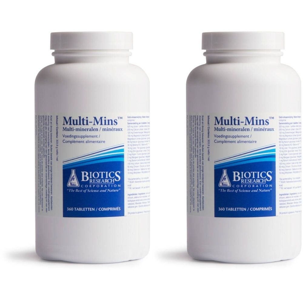 Twee witte flessen met de productnaam Multi-Mins. Opschrift: Multi-mineralen/minéraux. Merk: Biotics Research Corporation. 360 tabletten.