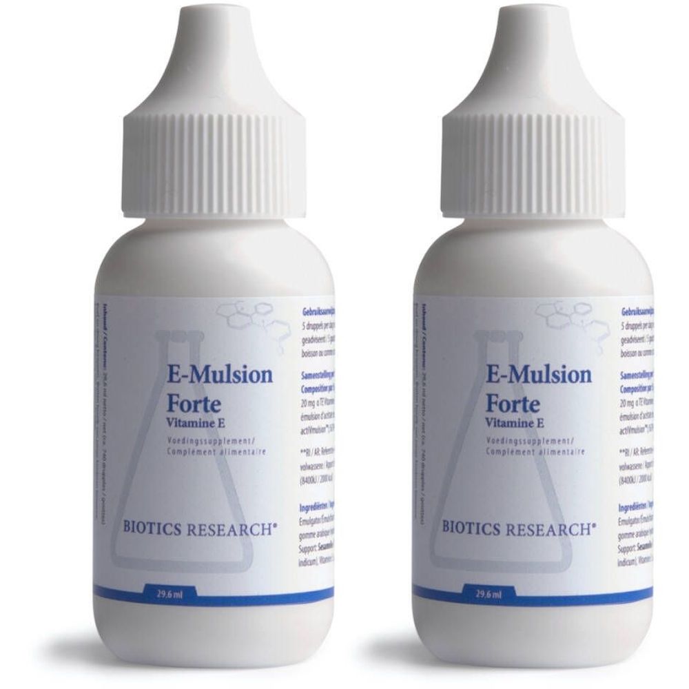 Deux flacons blancs avec compte-gouttes. Inscription : E-Mulsion Forte, Vitamine E, Biotics Research.