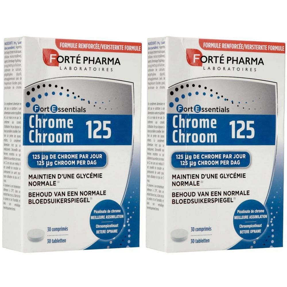 Twee dozen Forté Pharma Chrome 125. Opschrift: Chrome 125, 125 µg chroom per dag. 30 tabletten.