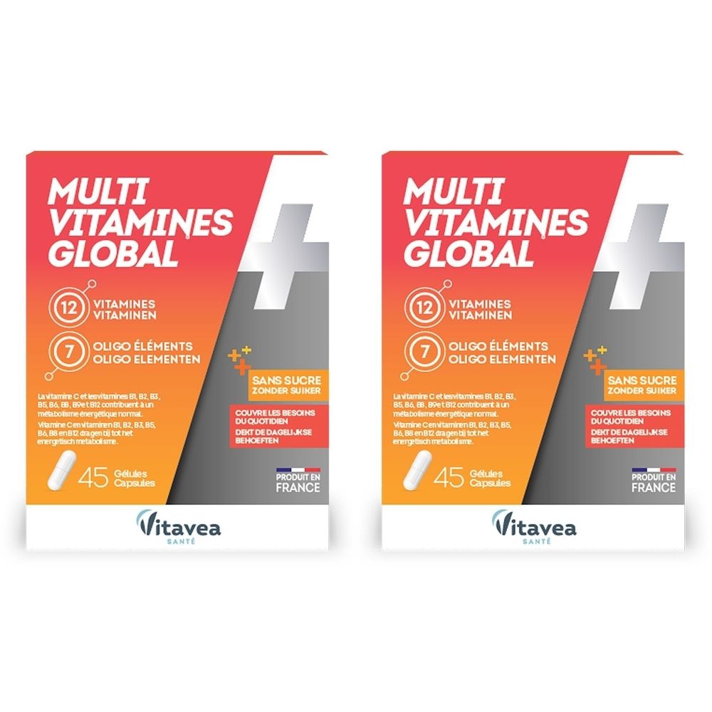 Deux boîtes de Vitavea Multivitamines Global. Inscription: 12 vitamines, 7 oligo-éléments, sans sucre. Produit de France. 45 gélules.