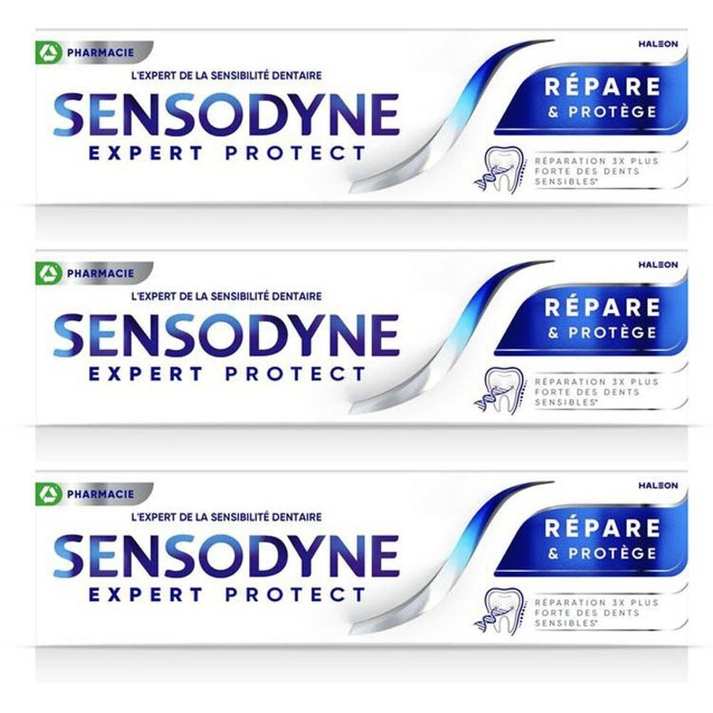 Drie tubes Sensodyne Expert Protect tandpasta. Wit, met blauwe en zilveren accenten. Tekst: Sensodyne Expert Protect, Repare & Protège.
