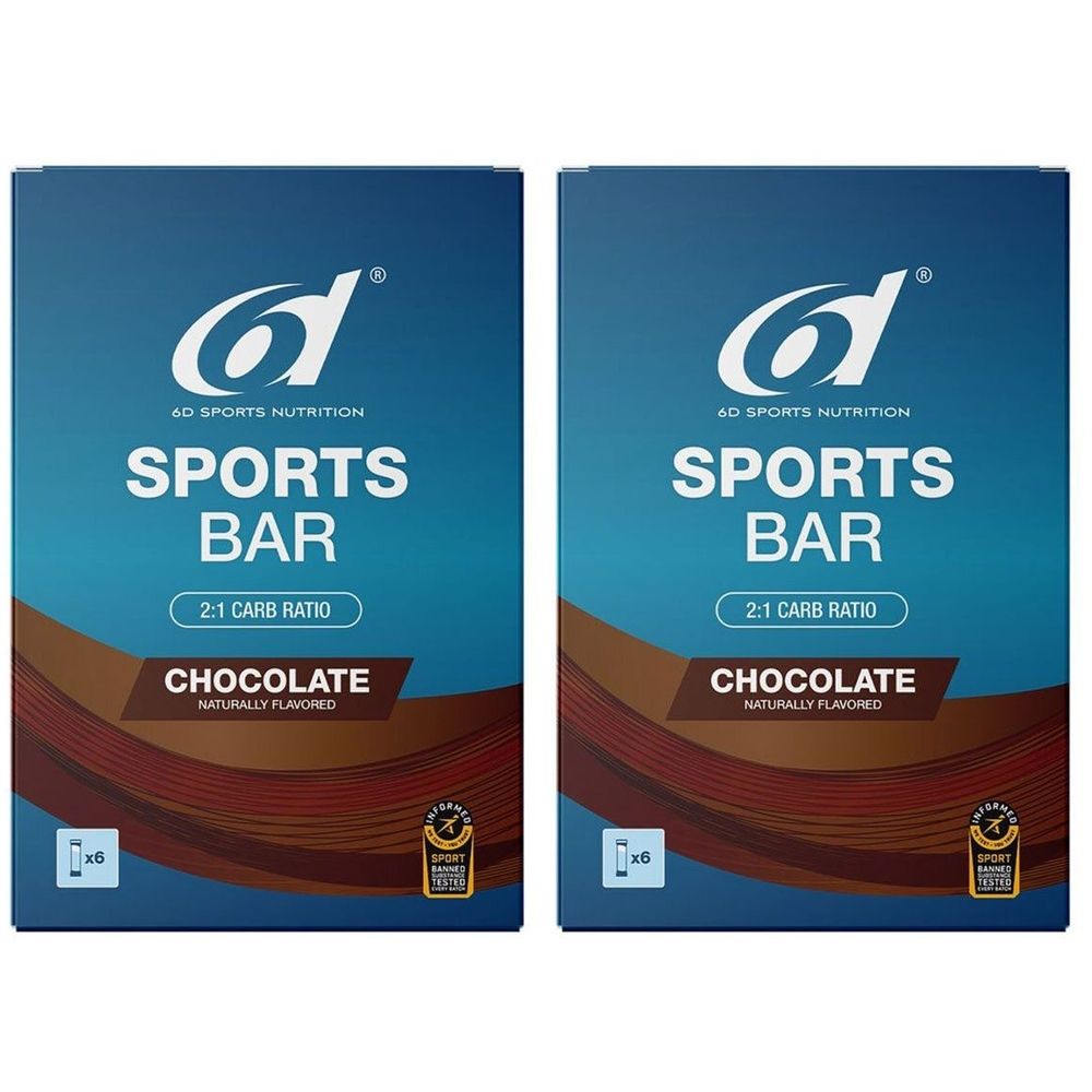 Deux boîtes de 6d Sports Bar. Emballage bleu avec logo et inscription SPORTS BAR, saveur chocolat.