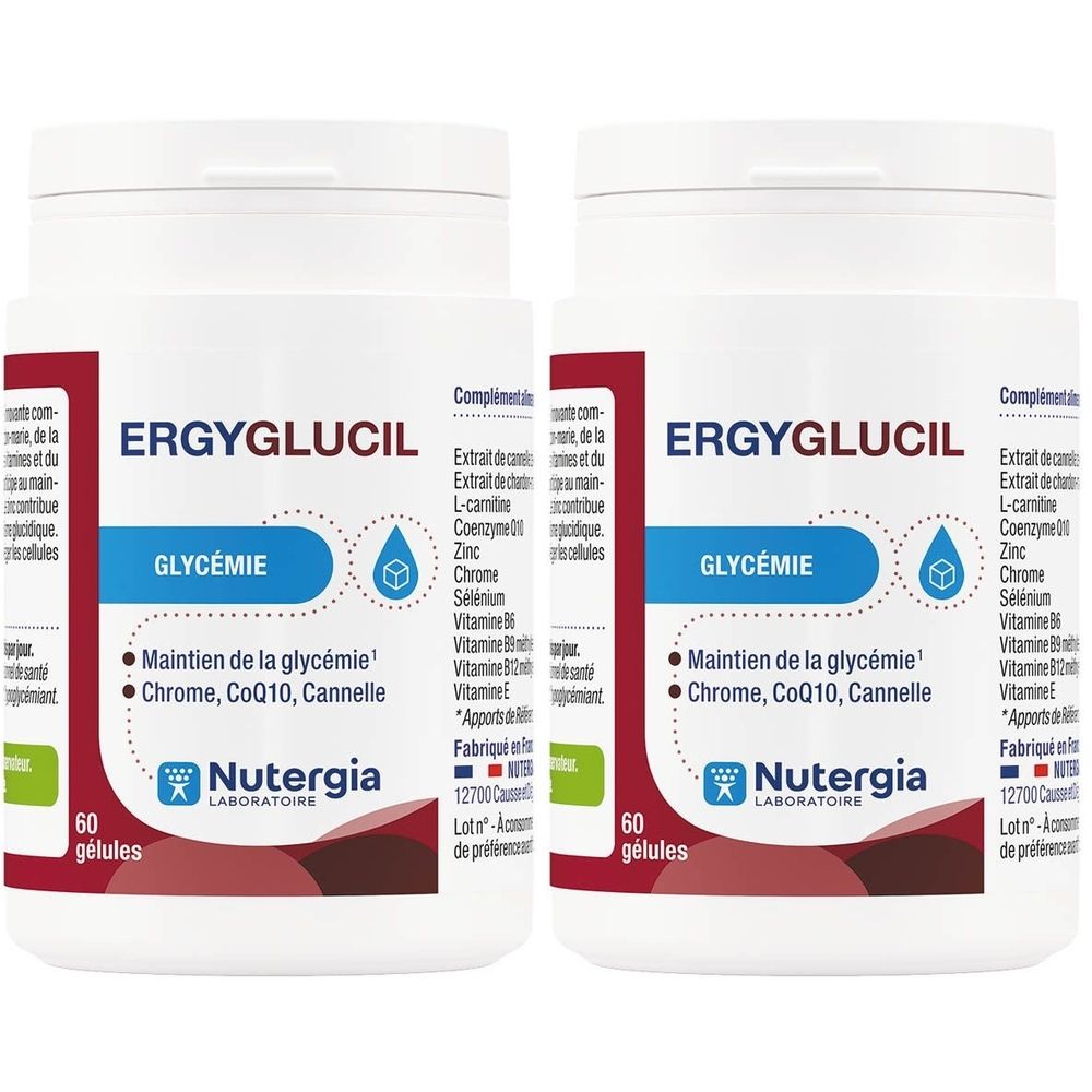 Deux flacons blancs avec étiquettes. Inscription : Ergyglucil, Glycémie, 60 gélules. Marque : Nutergia.