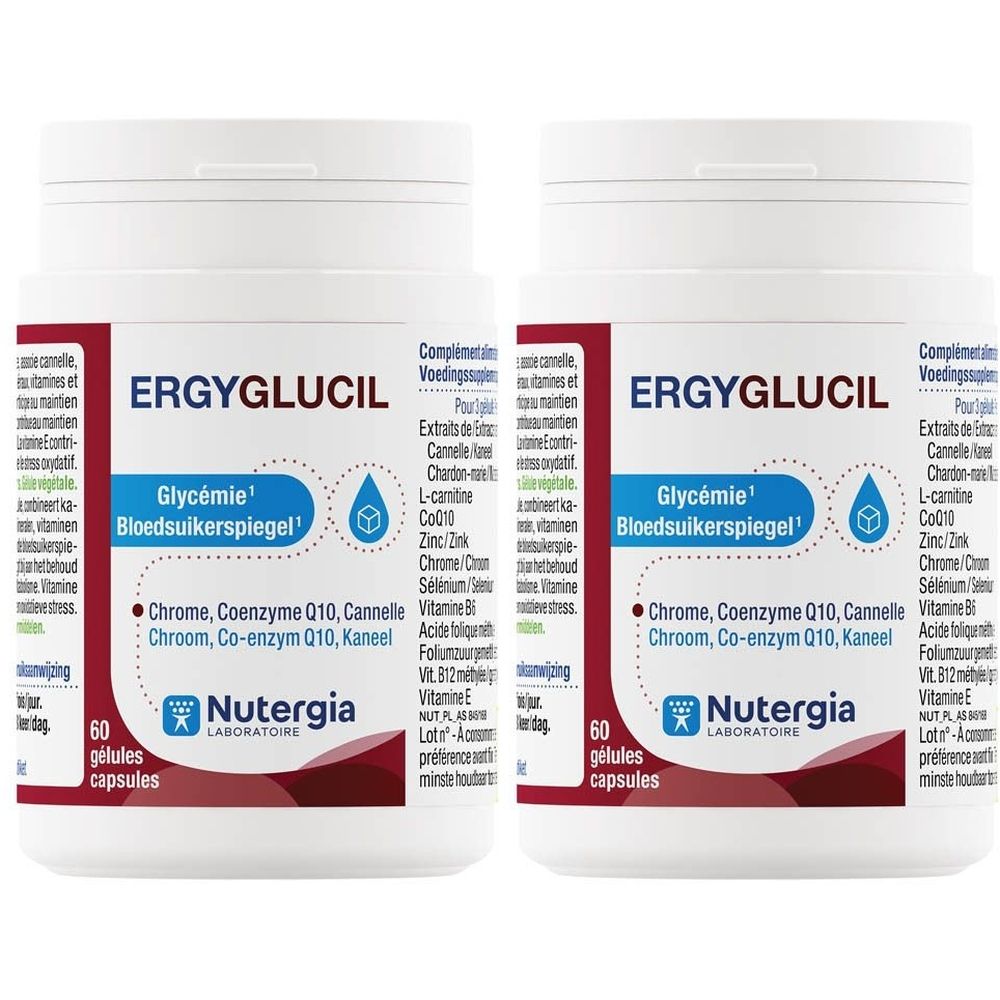 Twee witte flessen met etiketten. Opschrift: Ergyglucil, Glycémie, 60 capsules. Merk: Nutergia.