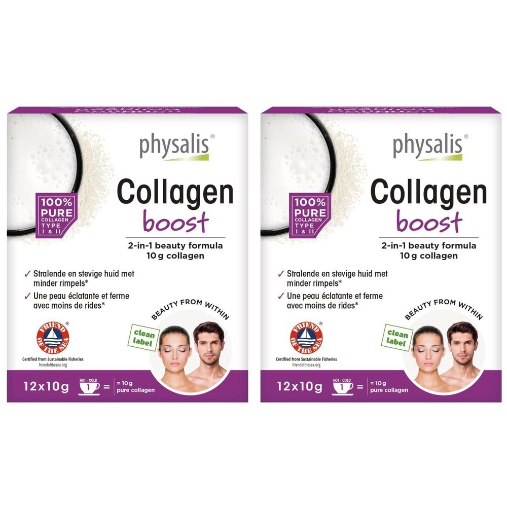 Twee verpakkingen Physalis Collagen Boost. Witte verpakking met paarse accenten. Tekst: Collagen Boost, 10g collageen, 2-in-1 formule.