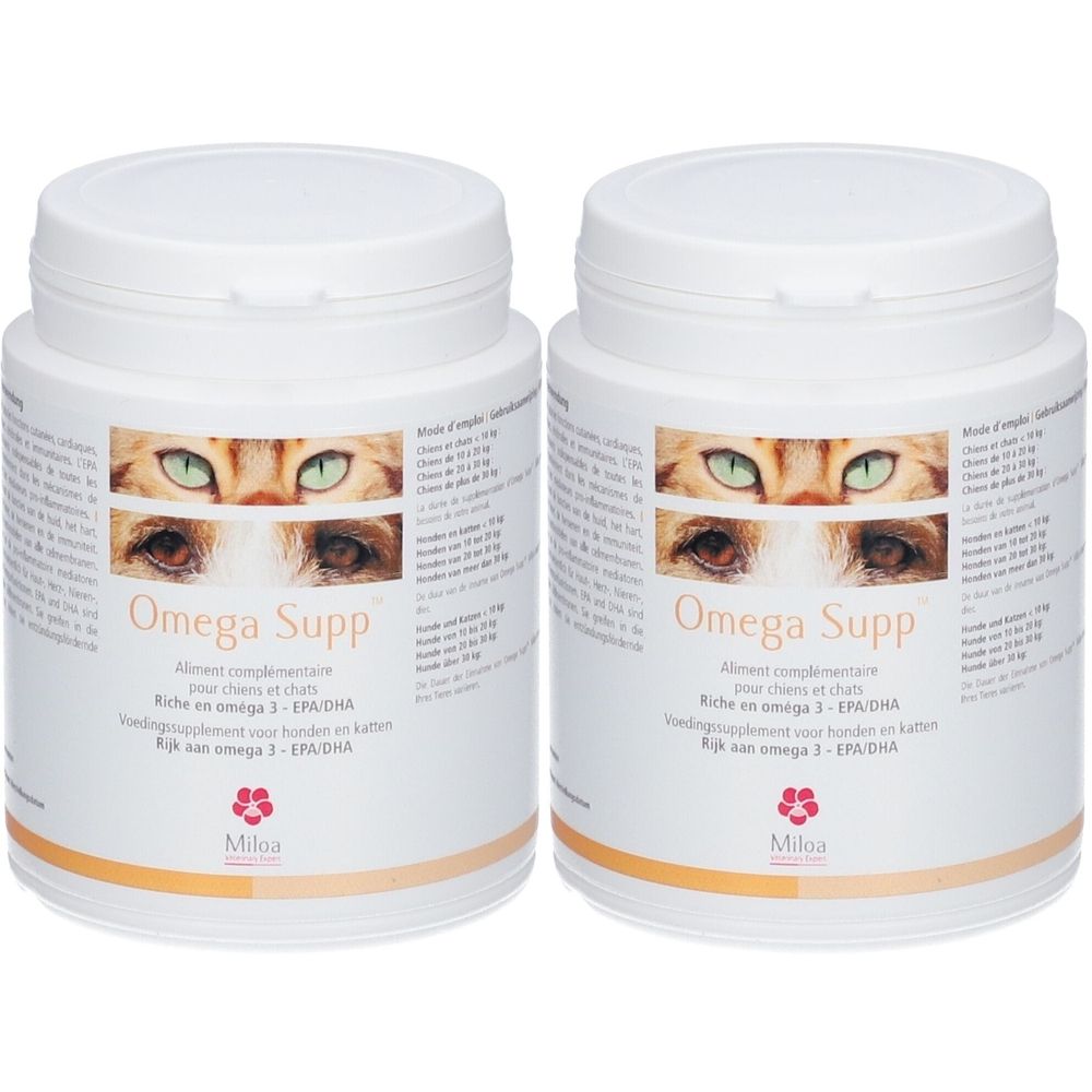 Twee witte potten met deksels. Elke pot heeft een etiket met kattenogen, de tekst "Omega Supp" en het Milea-logo.