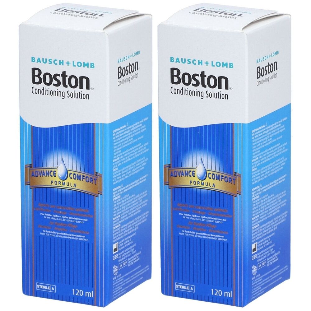 Twee rechthoekige dozen. Opschrift: Bausch + Lomb Boston Conditioning Solution. Blauw en witte verpakking. 120 ml.