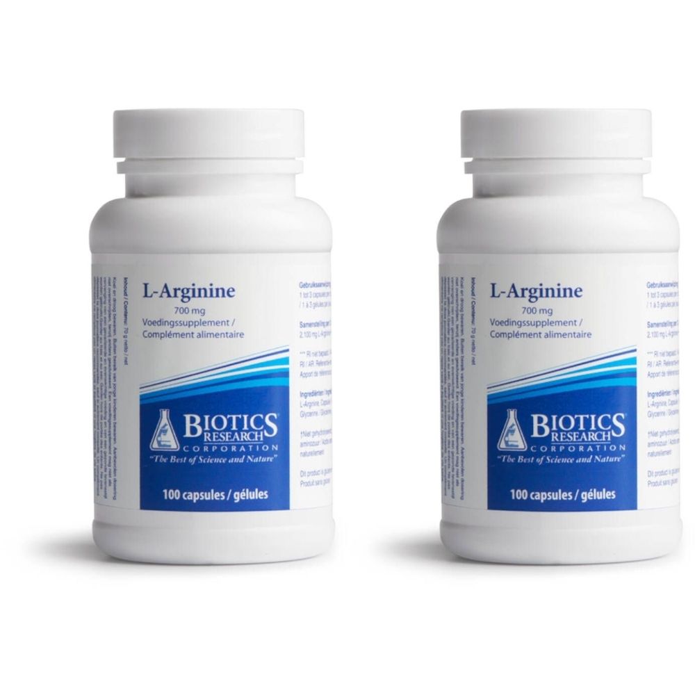 Deux flacons blancs de gélules de L-Arginine. Inscription: Biotics Research Corporation, 100 capsules. Bouchon et étiquette.