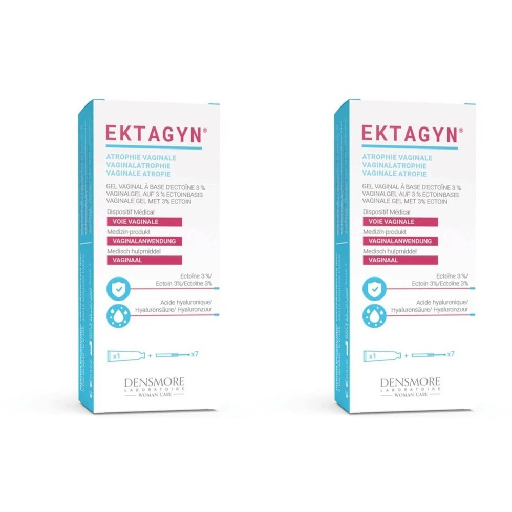 Twee dozen Ektagyn. Opschriften: ATROPHIE VAGINALE, VOIE VAGINALE, VAGINALANWENDUNG. Merk: Densmore.