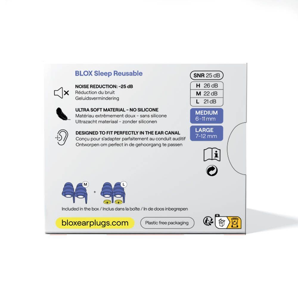 Dos de l'emballage du produit. Texte: Noise Reduction -25 dB, Ultra Soft Material - No silicone, informations de taille.