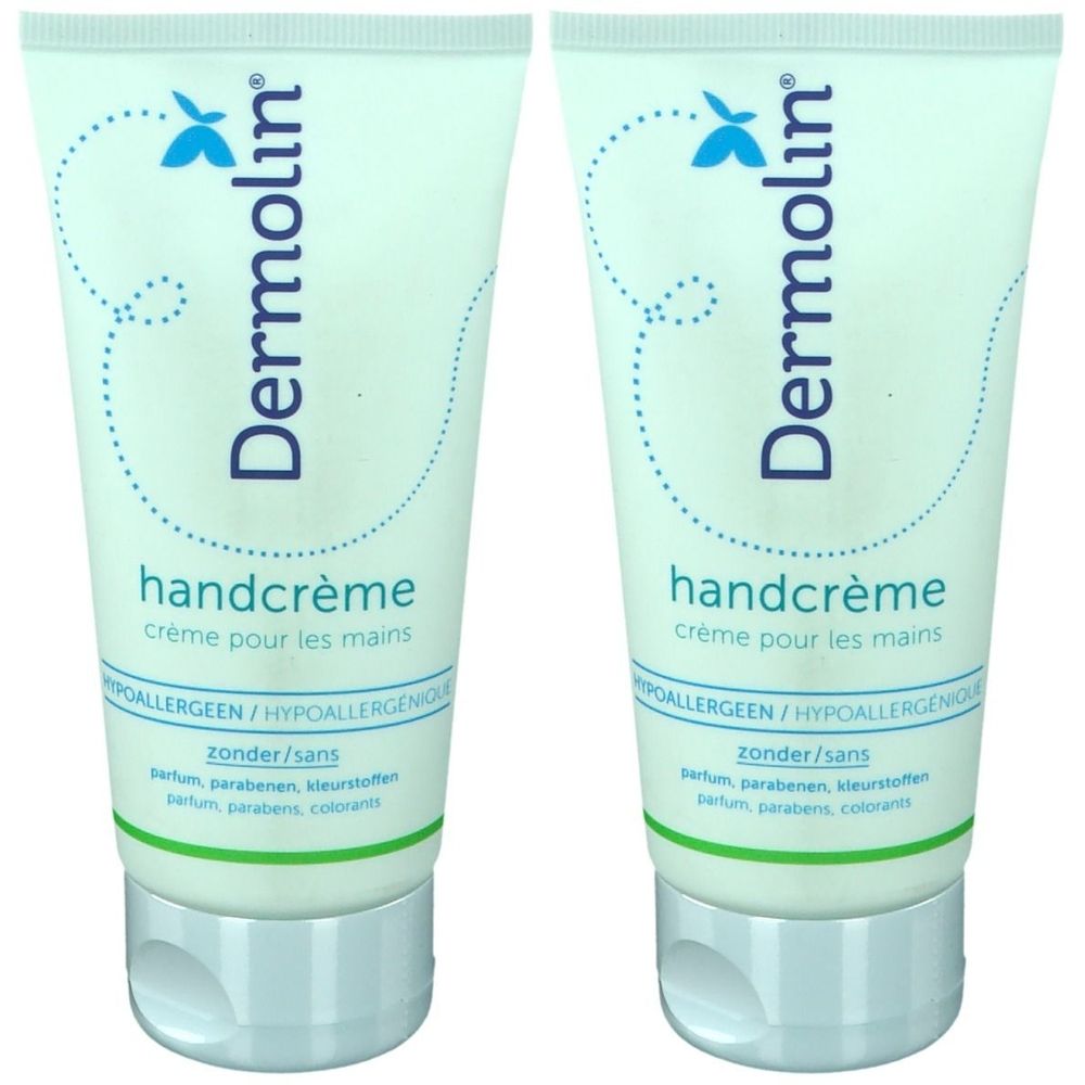 Twee tubes handcrème. Opschrift: Dermolin, handcrème, crème pour les mains. Hypoallergeen. Zonder parfum, parabenen, kleurstoffen.