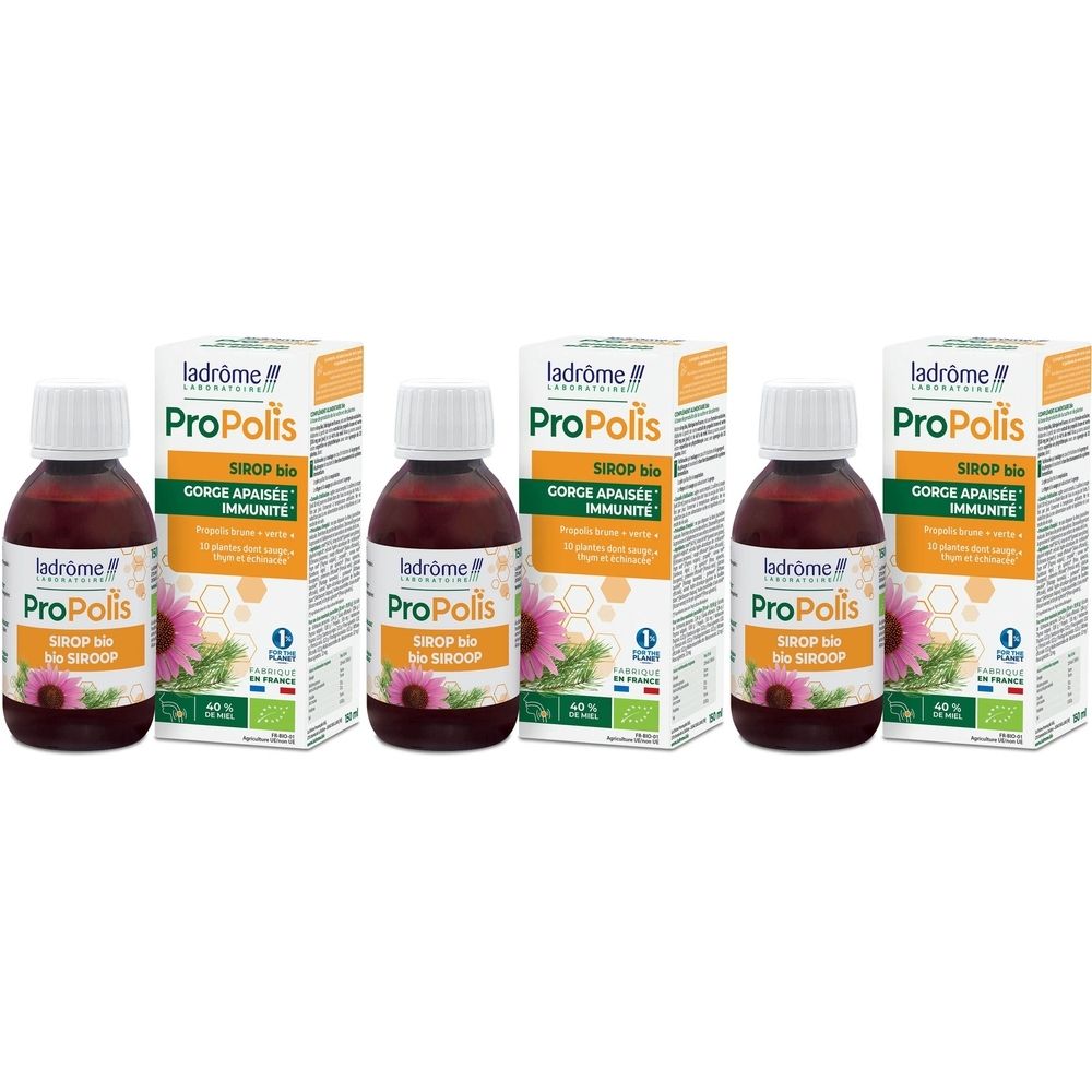 Trois flacons et boîtes. Inscription: Propolis Bio Sirop, GORGE APAISÉE IMMUNITÉ. Avec label bio.