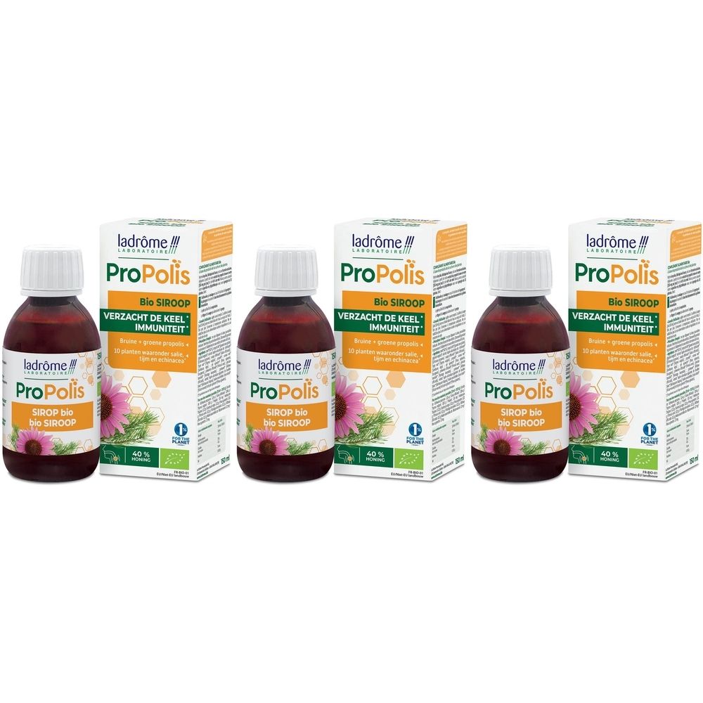 Drie flessen en dozen. Opschrift: Propolis Bio Sirop, VERZACHT DE KEEL IMMUNITEIT. Met bio-label.