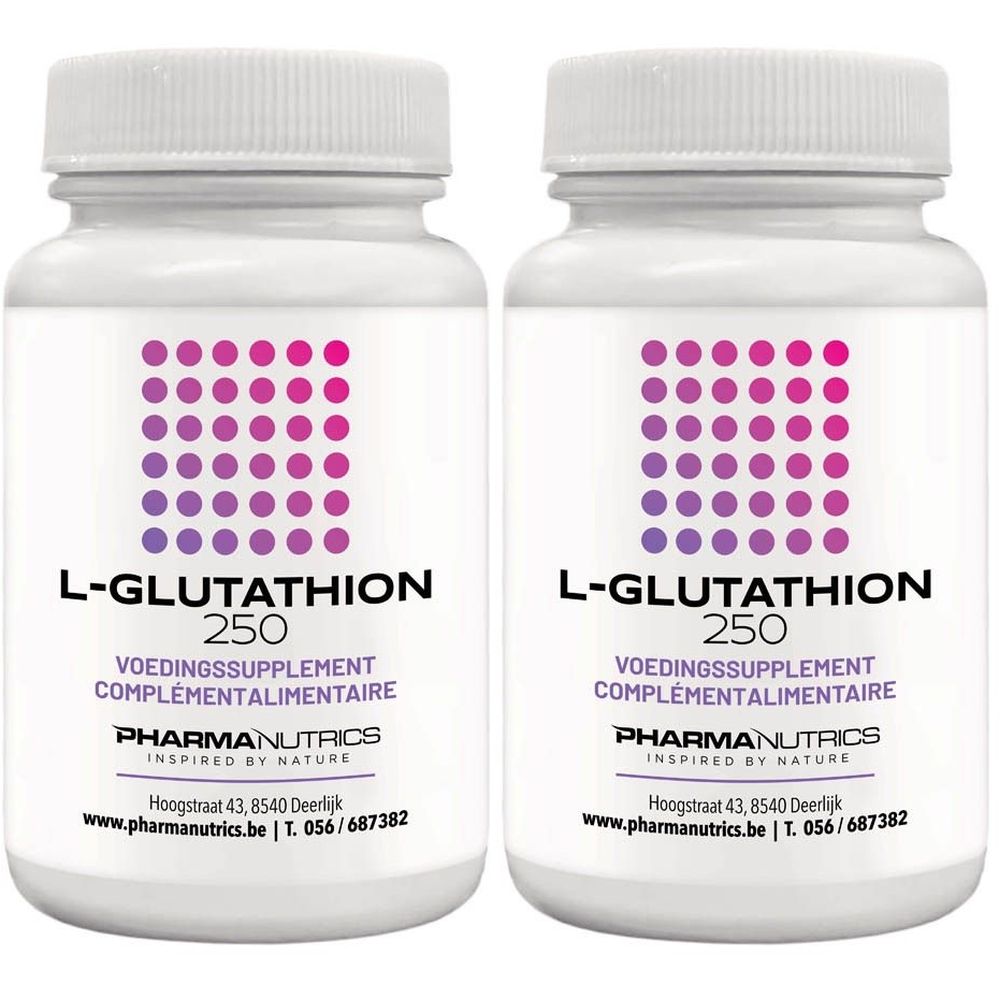 Deux flacons blancs avec étiquettes. Inscription : L-Glutathion 250, Complément alimentaire, PharmaNutrics. Design à points violets.