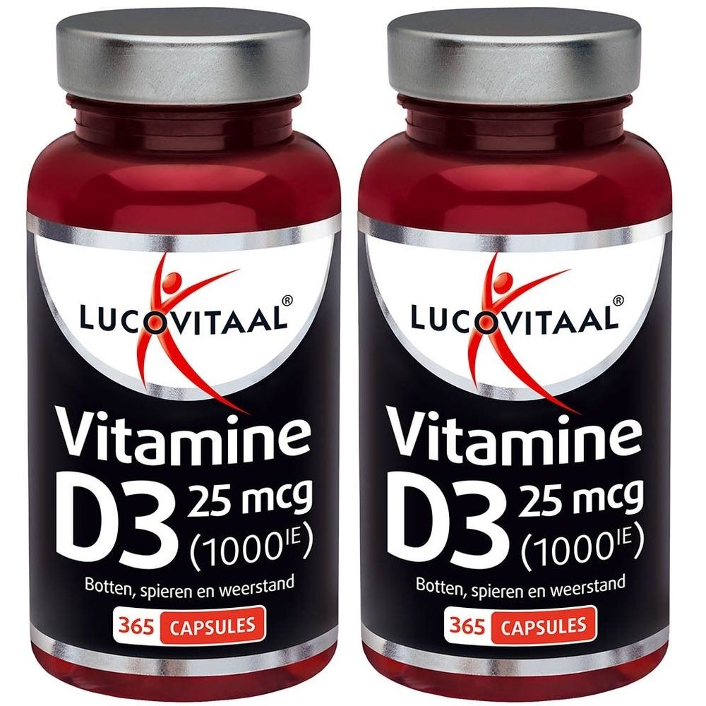 Twee flessen Lucovitaal® Vitamine D3. Opschrift: Vitamine D3 25 mcg (1000 IE). 365 capsules. Voor botten, spieren en weerstand.