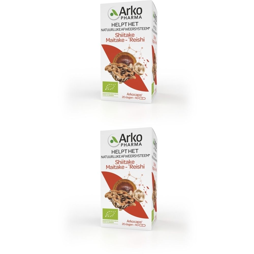 Twee dozen Arkogélules Shiitaké Maitaké Reishi Bio. Witte verpakking met rode accenten, afbeelding van paddenstoelen en tekst.