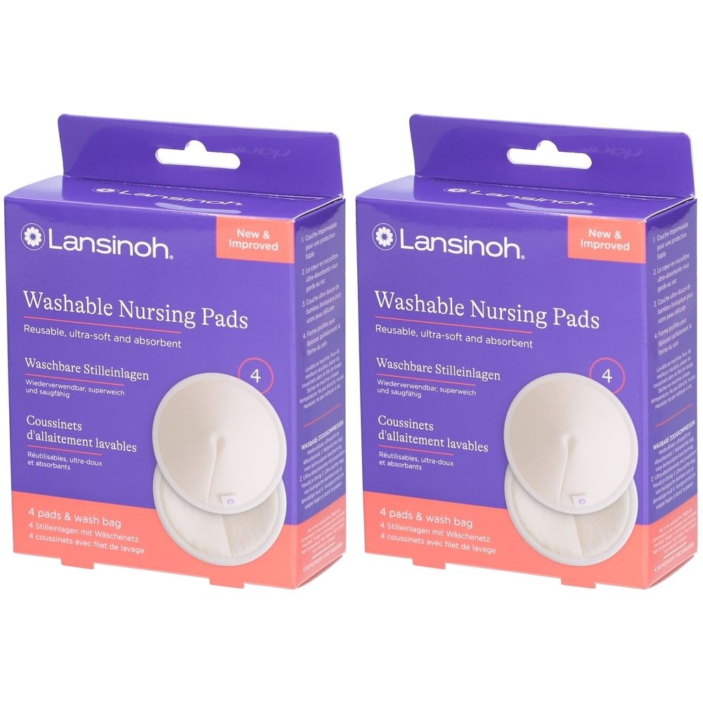 Twee verpakkingen wasbare zoogcompressen. Opschrift: Lansinoh, Wasbare zoogcompressen. Bevat 4 pads en een waszakje.