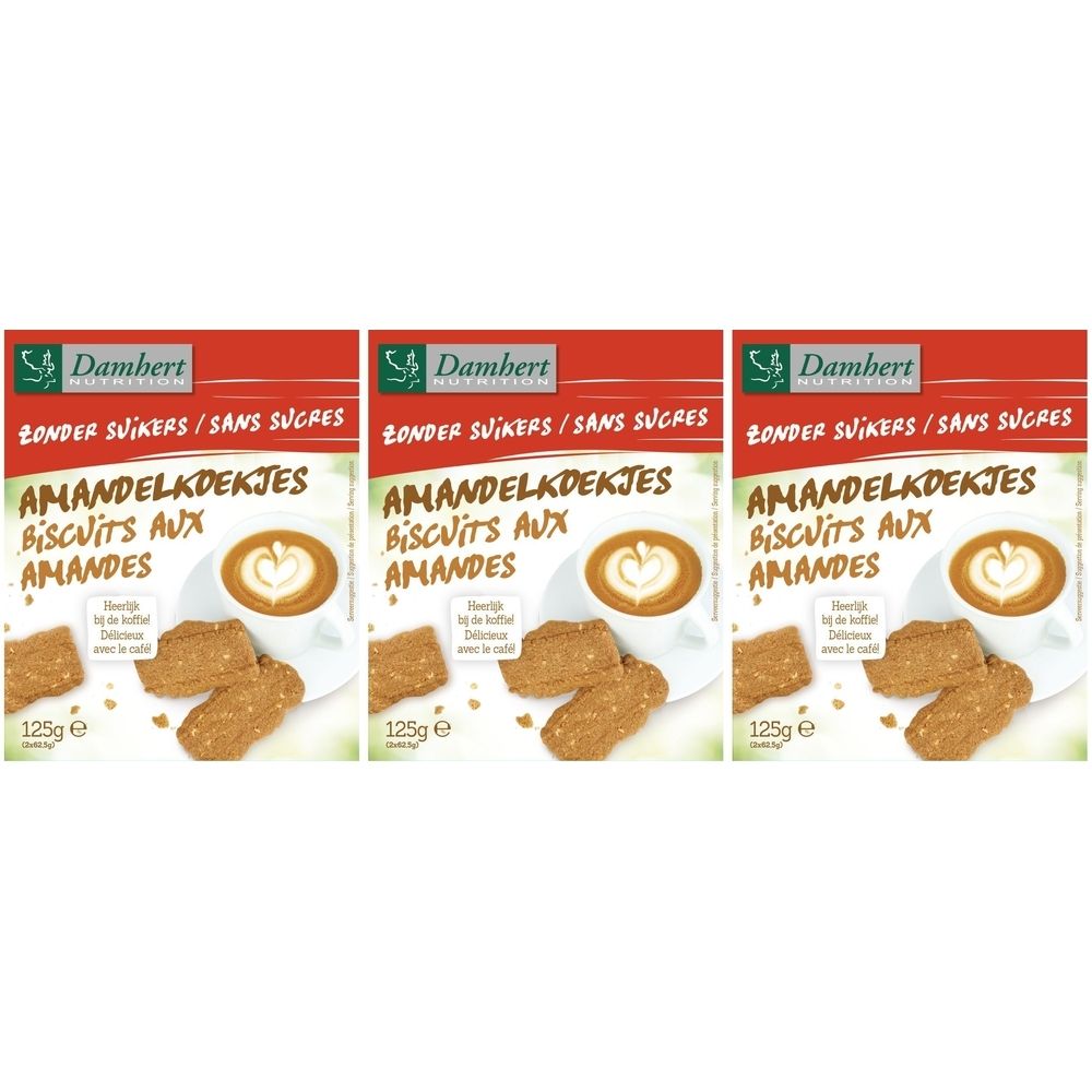 Trois paquets de Damhert Biscuits aux Amandes Sans Sucre. Emballage rouge avec nom du produit et image de biscuits et café.