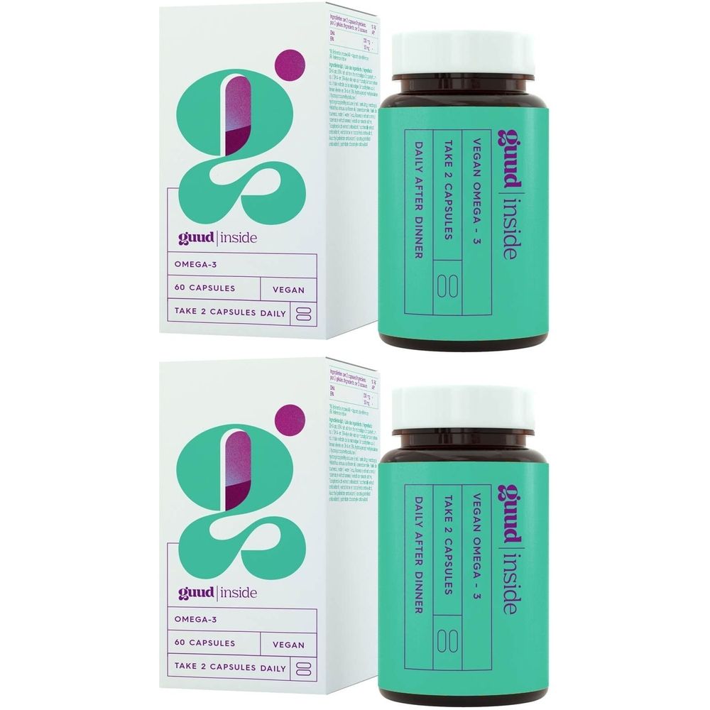 Deux boîtes et deux flacons de gélules. Les flacons portent l'inscription "guud inside" et "Vegan Omega-3".