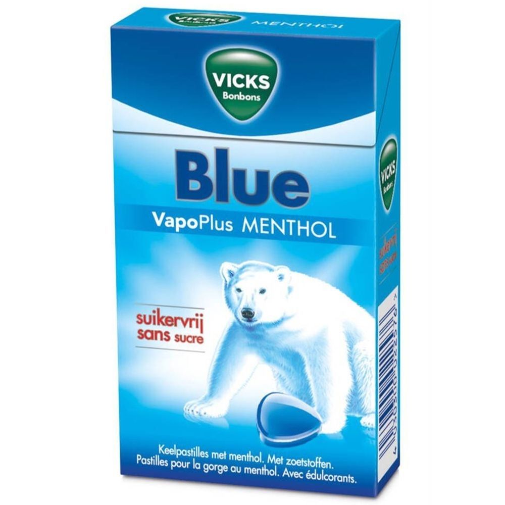 Blauwe doos Vicks Bonbons. Opschrift: Blue VapoPlus MENTHOL. Afbeelding van een ijsbeer. Tekst: suikervrij.
