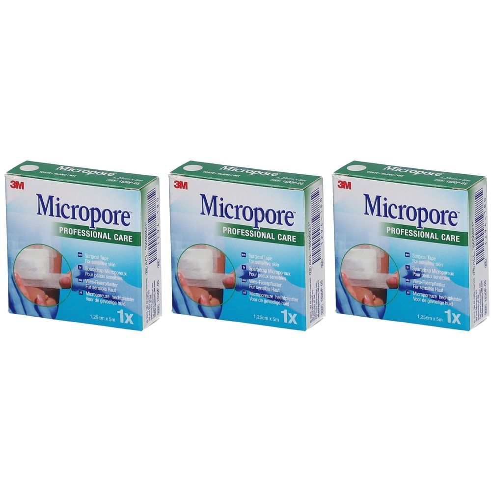 Drie dozen met 3M Micropore pleisters. Opschrift: Micropore PROFESSIONAL CARE. Elke doos toont een pleister op een huiddeel.
