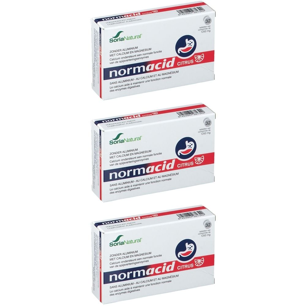 Drie dozen met "normacid Citrus". Elke doos heeft een logo met een maag en een citroen. Inschriften in meerdere talen.