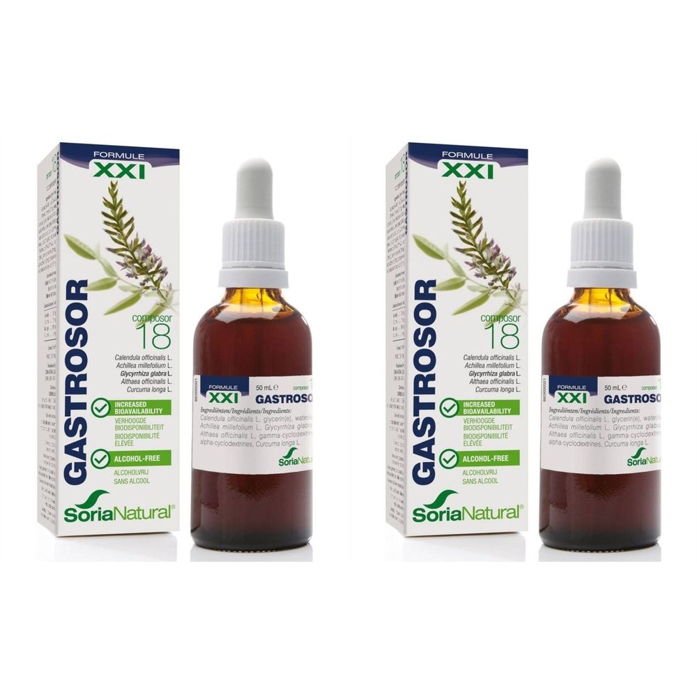 Twee flessen bruine vloeistof met pipet, naast twee dozen met de tekst GASTROSOR. Merk Soria Natural.