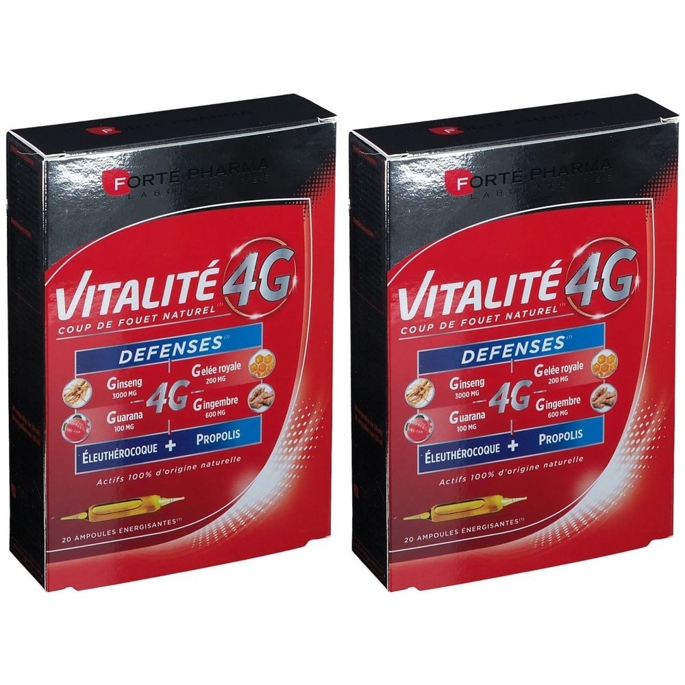 Twee rode dozen met "Vitalité 4G Défenses". Bevat Ginseng, Gelei Royale, Gember en Propolis. Zwarte achtergrond met logo.