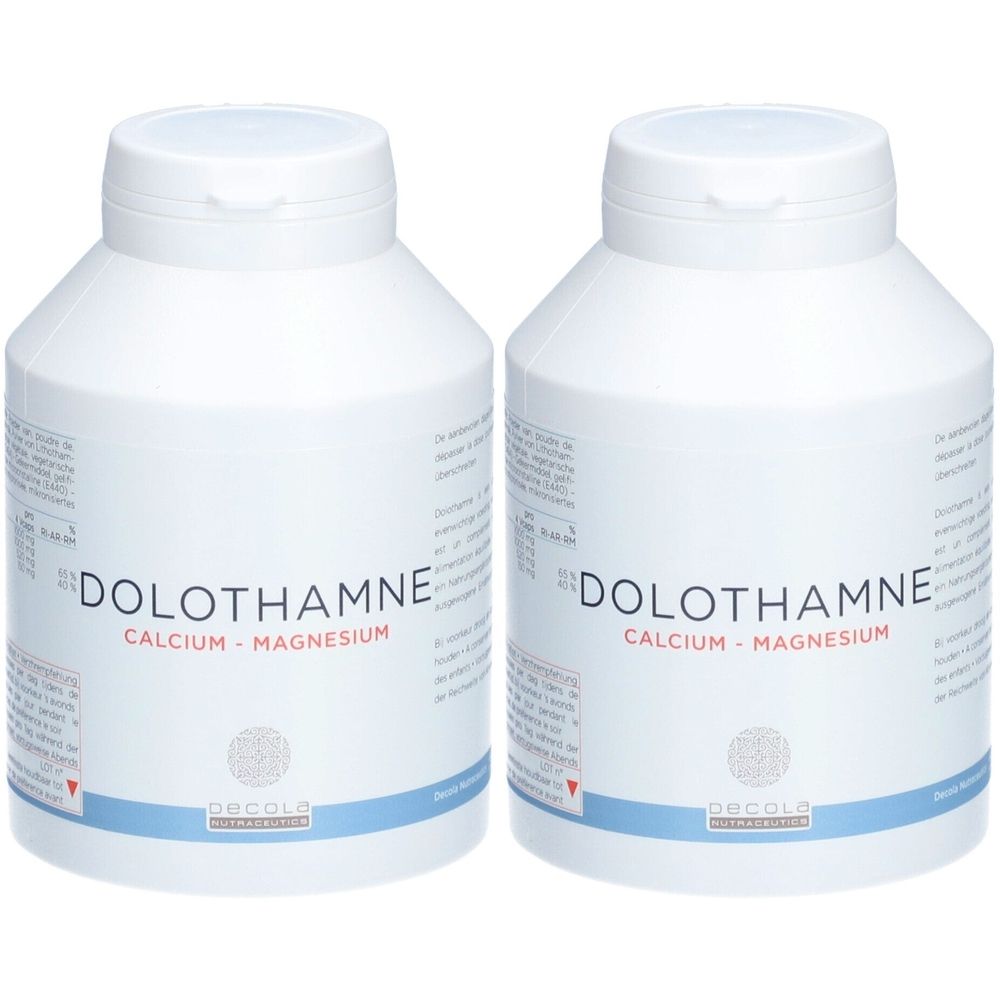 Deux flacons blancs avec l'inscription "DOLOTHAMNE CALCIUM - MAGNESIUM". Bouchons et étiquettes visibles.