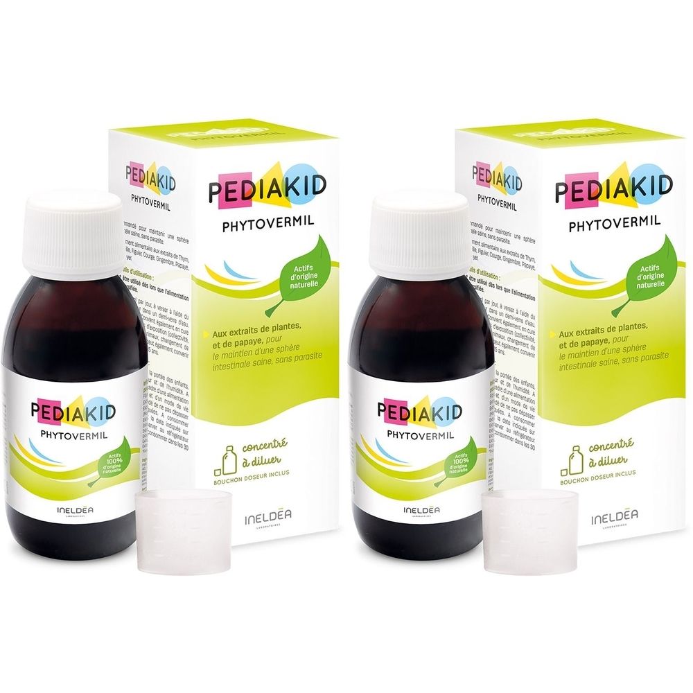 Deux flacons et emballages de Pediakid Phytovermil. Liquide brun dans des flacons en verre avec bouchons blancs. Emballage blanc.