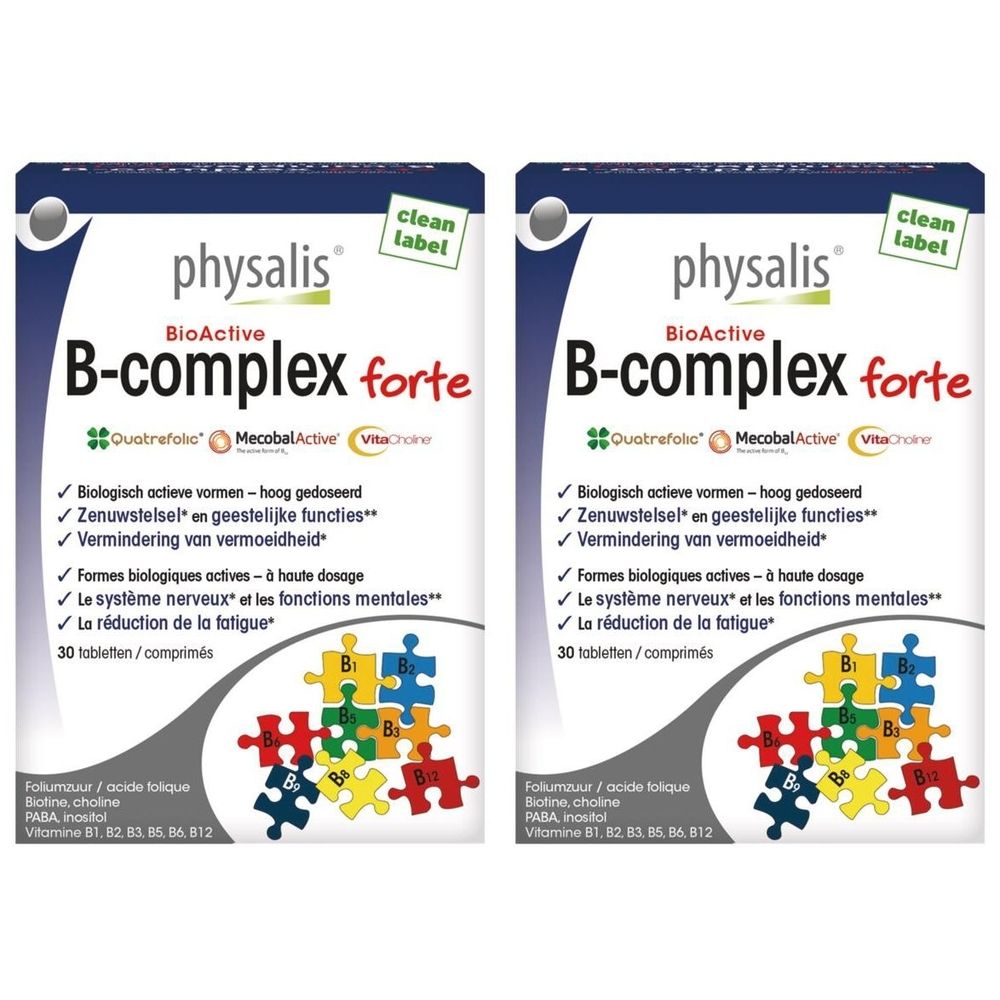 Deux boîtes de Physalis B-Complex Forte. Emballage blanc avec texte bleu et rouge. Contient 30 comprimés.