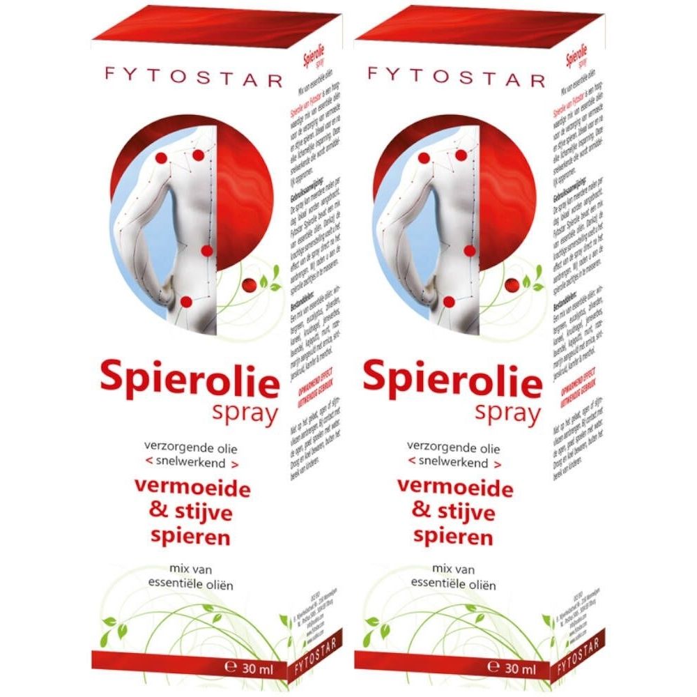 Deux boîtes de "Spierolie spray". Inscription : FYTOSTAR, illustration d'un corps, texte en néerlandais. Volume : 30 ml.