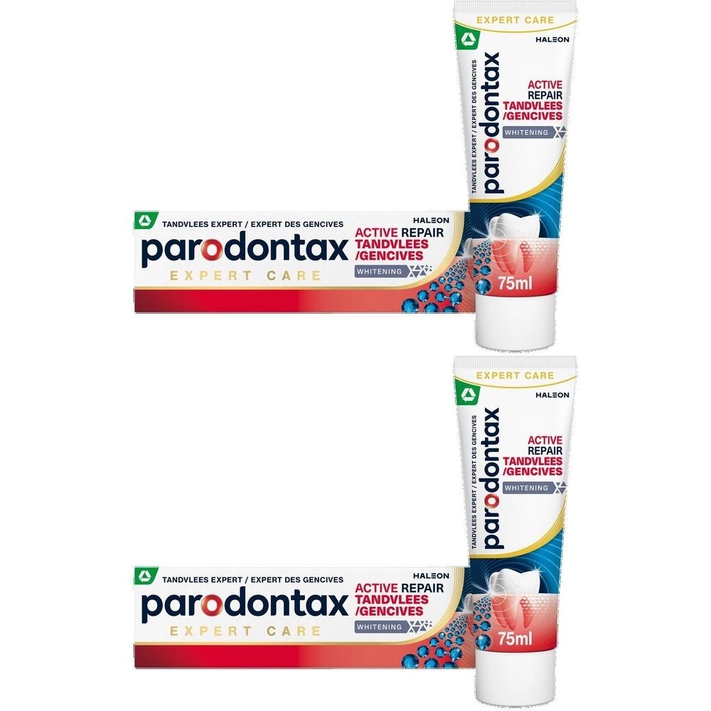 Deux tubes de dentifrice. Inscription: parodontax, Expert Care, Active Repair, Tandvlees/Gencives, Whitening. Emballage vert, blanc et rouge. 75ml.