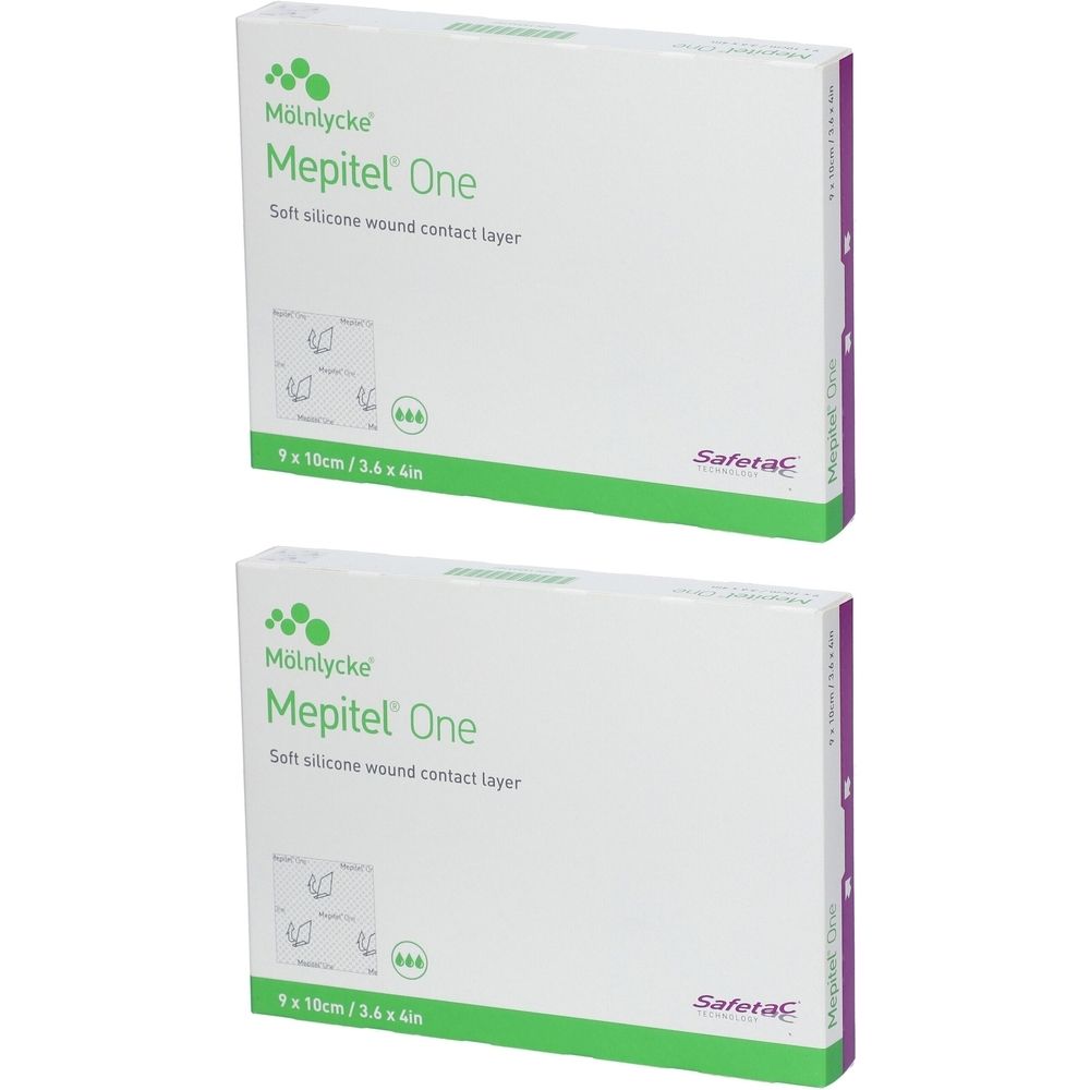 Twee dozen Mepitel One. Opschrift: Soft silicone wound contact layer. Afmetingen: 9 x 10 cm / 3,6 x 4 inch. Merk: Mölnlycke.