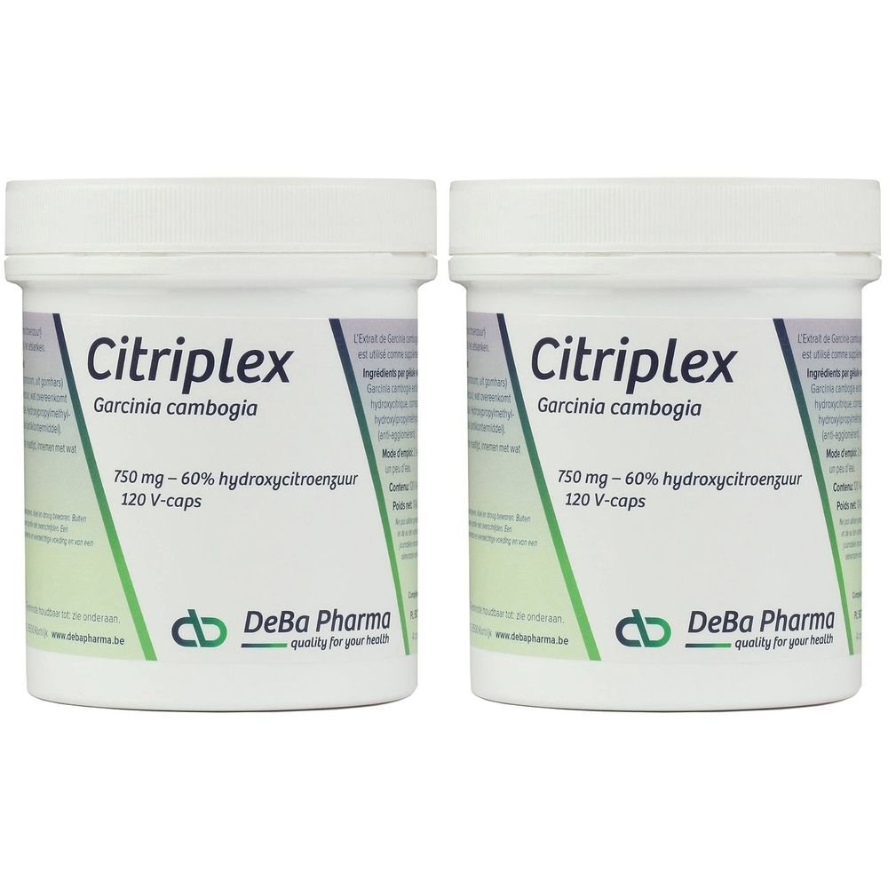 Deux pots blancs avec l'inscription "Citriplex", "Garcinia cambogia" et d'autres informations. Le logo DeBa Pharma est visible.