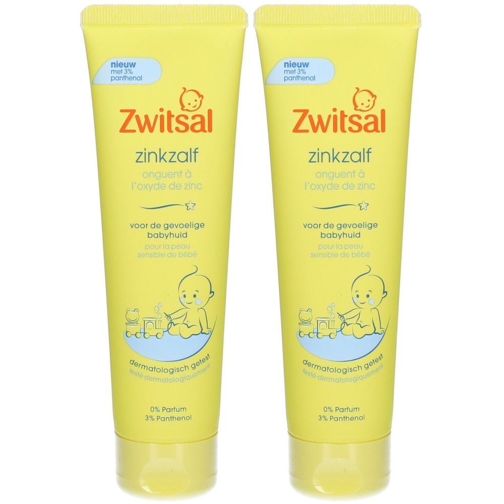 Deux tubes jaunes de Zwitsal Zinkzalf. Inscription : Zinkzalf, pour peaux sensibles de bébé. Testé dermatologiquement. 0% Parfum, 3% Panthénol.