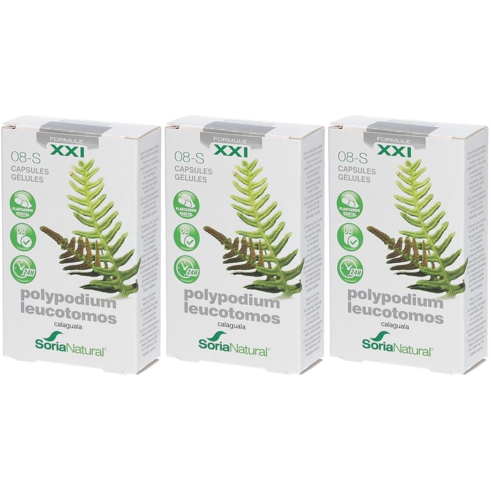 Trois boîtes de gélules. Sur chaque boîte, on lit "polypodium leucotomos" et "Soria Natural".