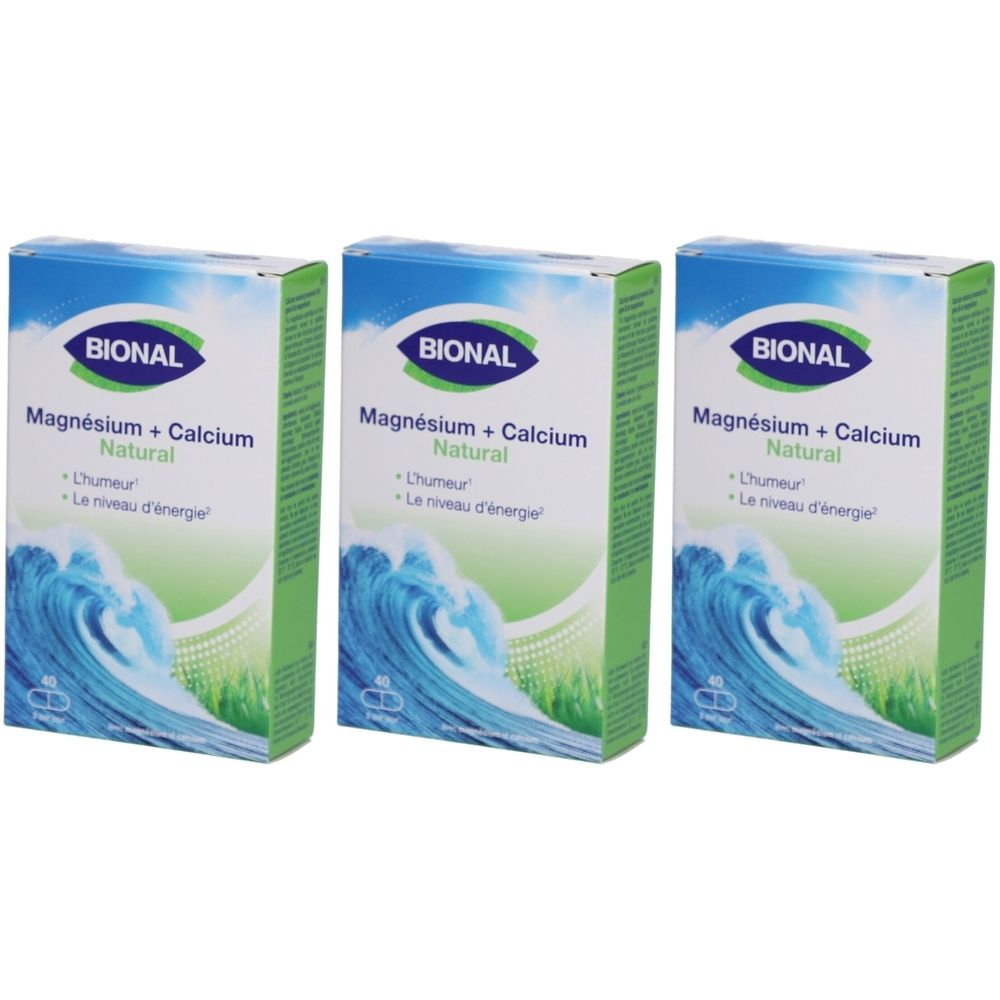 Trois boîtes de Bional Magnésium + Calcium Natural. Emballage bleu et vert avec motif de vagues et informations produit.